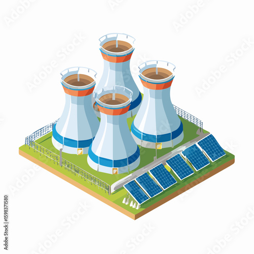 Vector illustration of a modern power plant combining nuclear energy cooling towers and renewable solar panels.