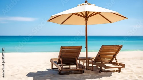 Wallpaper Mural Beach chairs and umbrella on sandy shoreline Torontodigital.ca