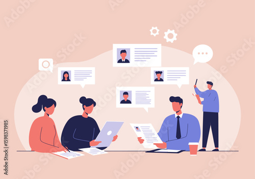 A diverse team of HR professionals collaborating to review candidate profiles and manage recruitment processes.