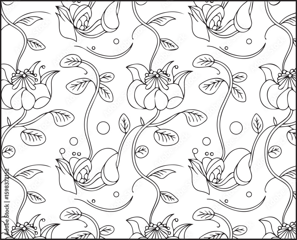 Naklejka premium Beautiful flowers and leaves seamless pattern outline vector for coloring page and book design