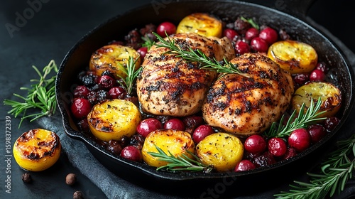 Grilled chicken breasts with roasted vegetables and cranberries in a cast iron skillet.