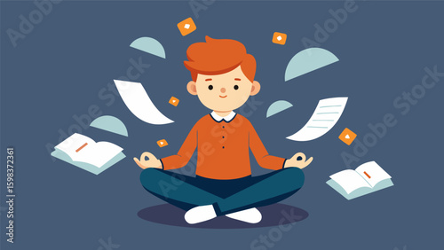 A cartoon character sitting crosslegged surrounded by floating words and phrases depicting their worries and anxieties being released onto the pages. Vector illustration