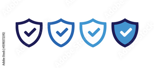 Shield Icons with Check Marks in Different Shades of Blue Security Concept