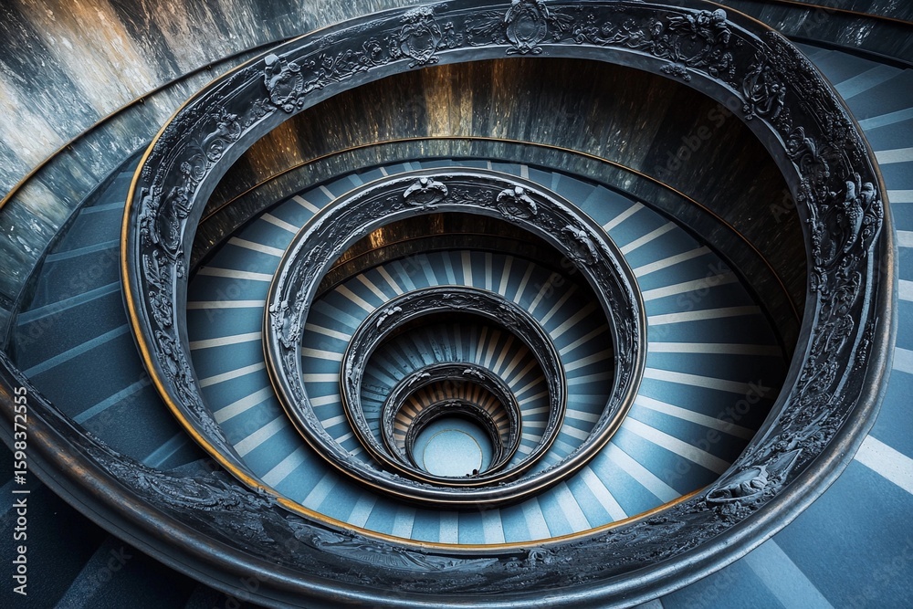 Fototapeta premium Endless spiral staircase viewed from above, showcasing a mesmerizing architectural design in a historic building