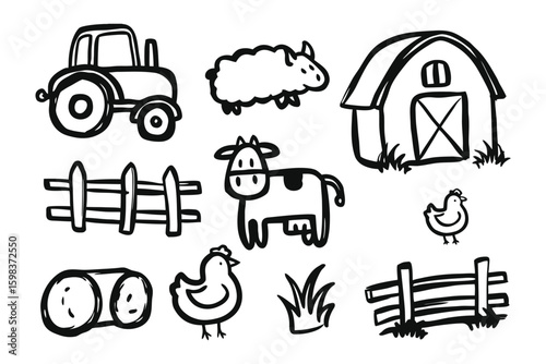 Farm Life Sketch: A charming collection of hand-drawn illustrations depicting idyllic farm life, capturing the essence of rural charm and simple living.