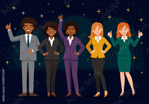 Five diverse business professionals, smiling and giving thumbs up, stand against a dark blue starry background, radiating positivity and success.