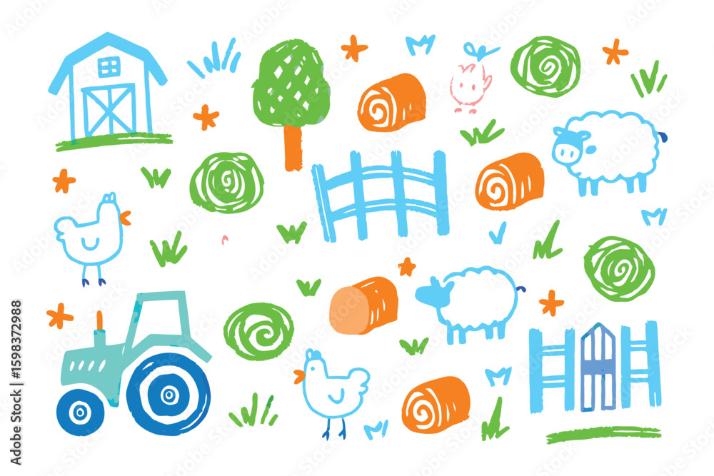 Fototapeta premium Farm Life Doodle: A vibrant and cheerful illustration of farm life, featuring a charming barn, playful animals like sheep, chickens, and a pig, alongside a tractor and hay bales.