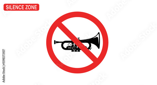 A red circle with a crossed-out trumpet symbol, indicating a designated silence zone.