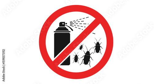 Vector illustration of a prohibition sign depicting a spray can spraying insecticide on cockroaches, indicating pest control ban.