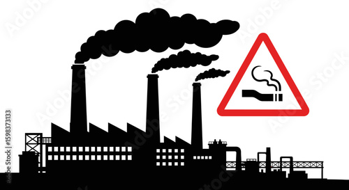 Industrial pollution depicted by a silhouette of a factory emitting dark smoke, with a warning sign.