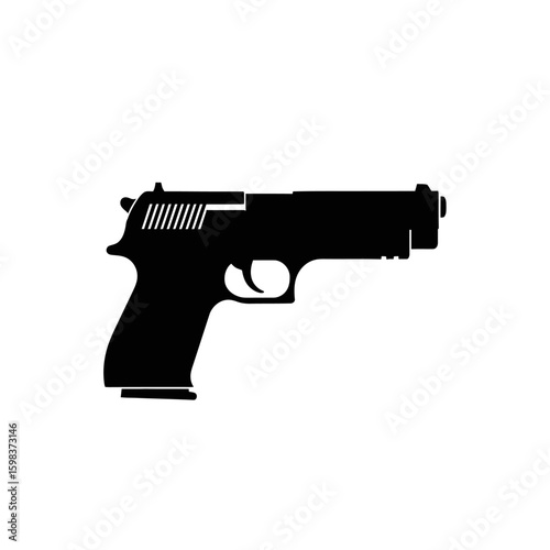 Silhouette of a black handgun, a semi-automatic pistol, presented against a plain white background.