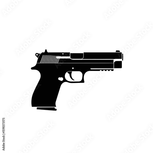 A black silhouette of a semi-automatic handgun, depicted in a side view against a white background.