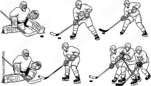 Vector art of detailed line art depicting hockey players in action, showcasing the skill and athleticism of the sport