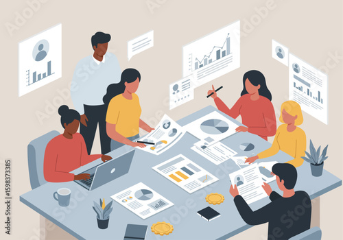 Diverse team collaborating around a table, analyzing data and charts, discussing strategies.