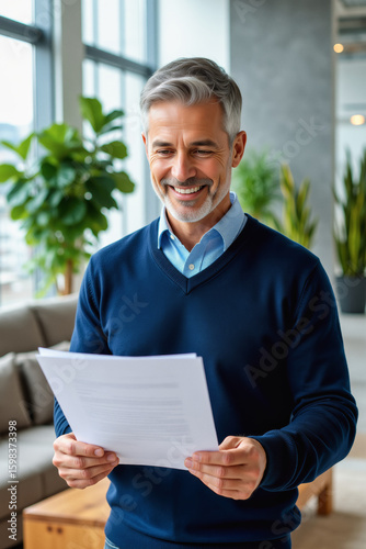 A smiling, mature man in a sweater holds a document while standing in a modern interior with large windows and greenery.