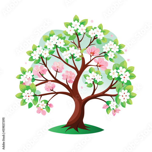 A vibrant spring tree with white apple blossoms, isolated on a white background