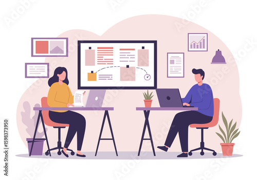 Two people working at desks with laptops in an office environment, with a whiteboard showing a project plan.
