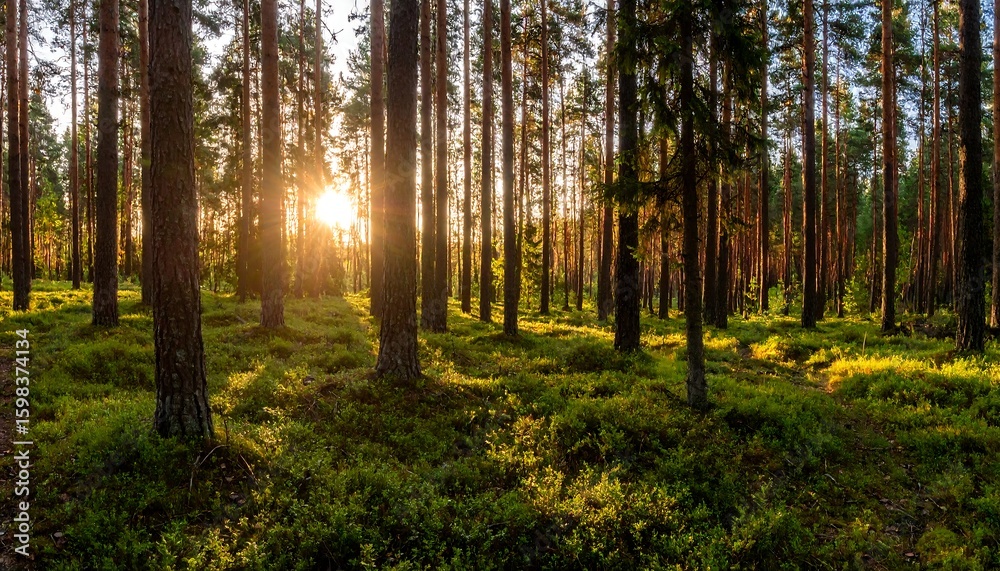 Fototapeta premium Golden sunset through pine forest