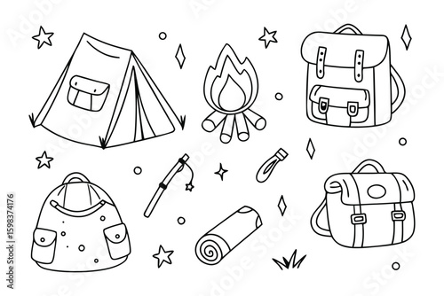 Camping Adventure Line Art: Whimsical outline illustrations capture the essence of a camping adventure. A tent, campfire, backpacks and other camping essentials come together