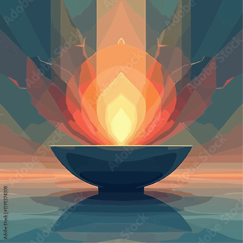 Geometric vector design featuring an abstract resonance bowl with sound waves  