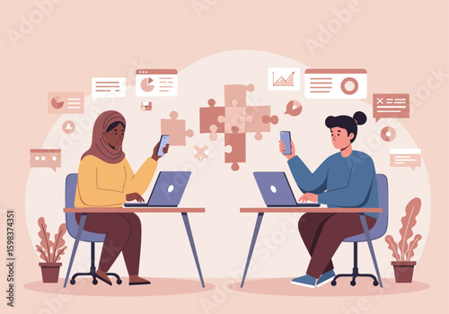 Two diverse individuals collaborating with laptops and smartphones, surrounded by digital data and interconnected puzzle pieces.
