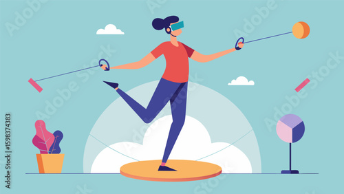 A man balancing on a virtual tightrope with the help of a VR headset and handheld controllers as part of a virtual circusthemed workout through a. Vector illustration