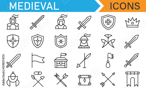 Set of vector icons for medieval battles, armor, and historical symbols
