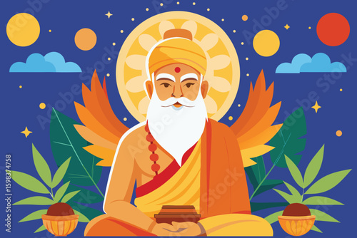 Wise man with radiant halo and celestial background