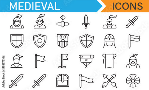 Medieval-themed icon set with swords, shields, and knights for battle designs