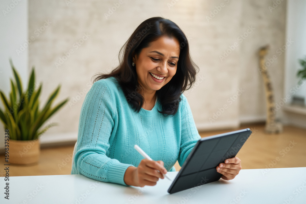 Fototapeta premium A smiling woman with long dark hair uses a tablet while seated at a white table in a modern living room.