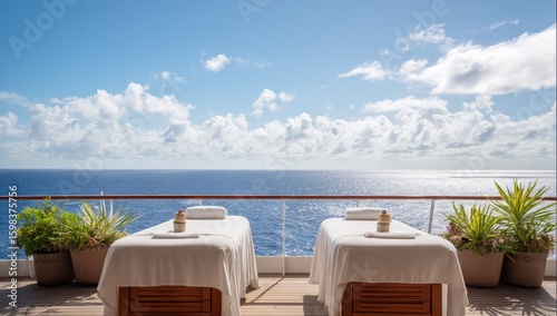 Two massage tables on an ocean-view deck