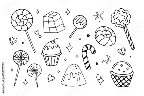 Confectionary Delights in Monochrome: A delightful monochrome illustration showcases a whimsical array of candy and sweets, capturing the essence of sugary indulgence.