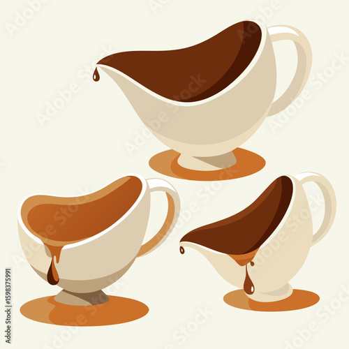 Three gravy boats filled with rich brown gravy with drips falling from the spouts
