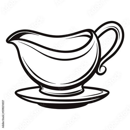 Classic black and white line art illustration of a gravy boat with a handle and saucer