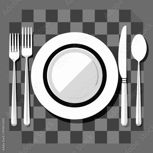 A minimalist overhead view of a white plate with a fork knife and spoon set on a checkered tablecloth
