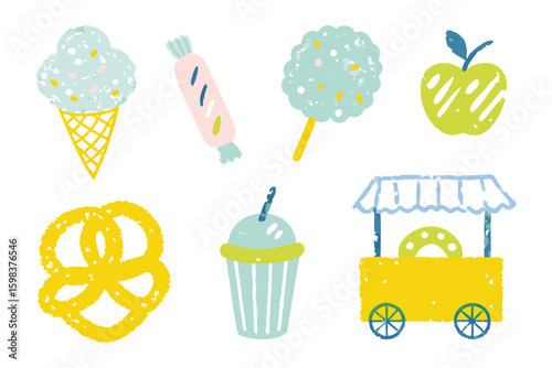 Sweet Treats Illustration: A delightful illustration of classic fairground treats, presented in charming pastel colors, evokes the joy of the summer.