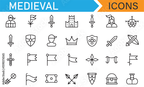 Medieval symbols including swords, shields, and armor for fantasy designs