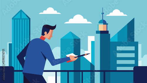 A man stands on a balcony overlooking a cityscape pencil in hand as he mindfully traces the lines of the buildings and skyscrs.. Vector illustration