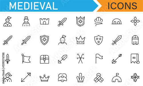 Collection of medieval-themed vector icons for historical battle and armor