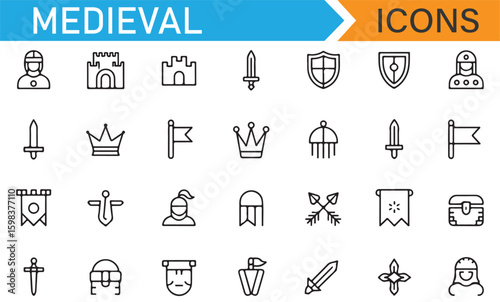 Set of medieval icons featuring knights, swords, shields, and flags