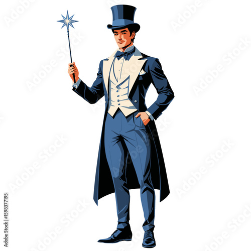 Magician in tuxedo with wand and top hat on white background
