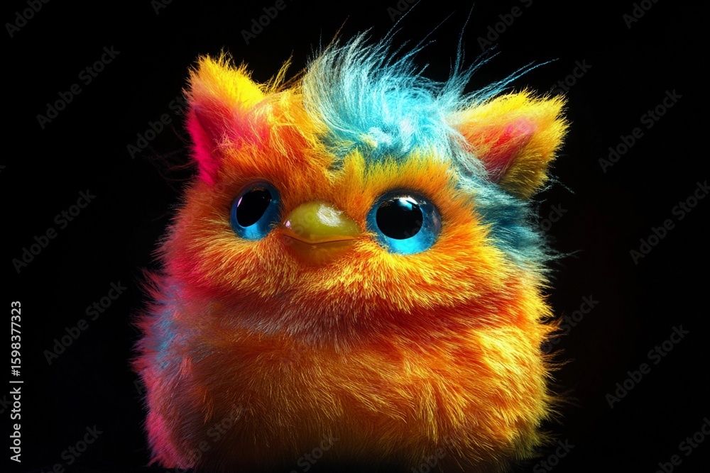 Fototapeta premium Brightly colored furry creature surrounded by vibrant splashes of paint in an imaginative setting at night