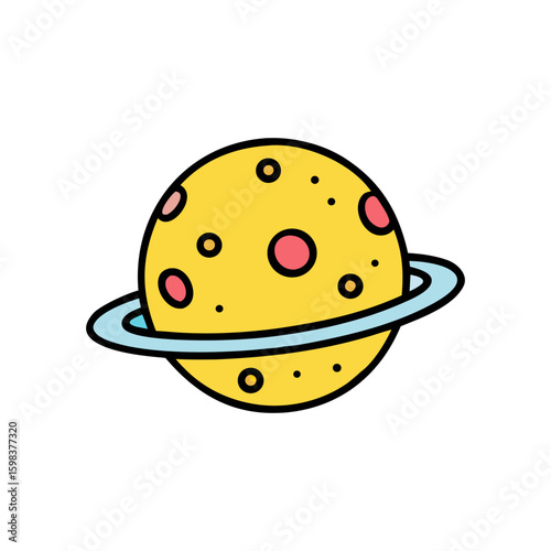 Cute cartoon yellow planet with pink spots and ring isolated on white background