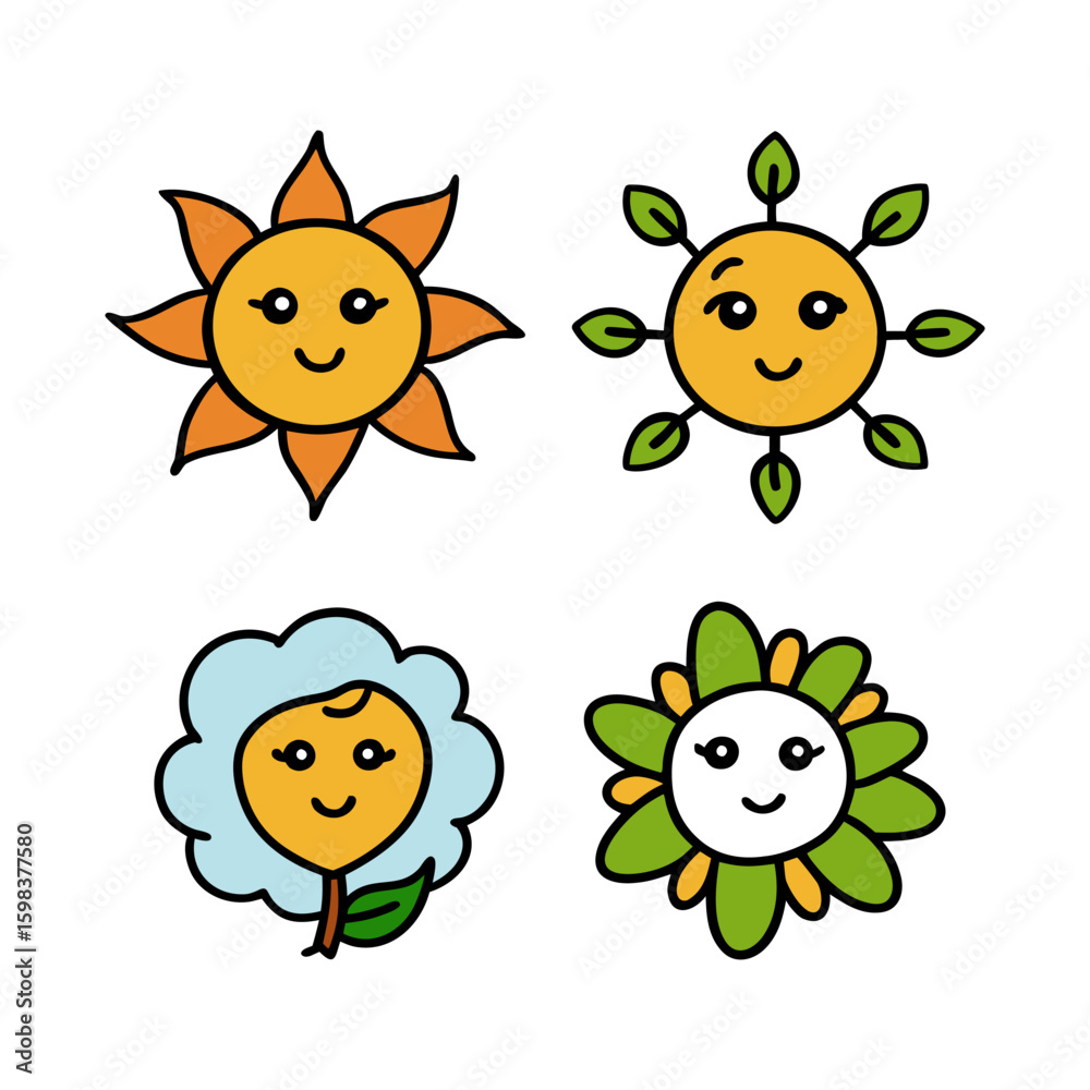 Obraz premium Four cute cartoon flowers with happy faces isolated on white background