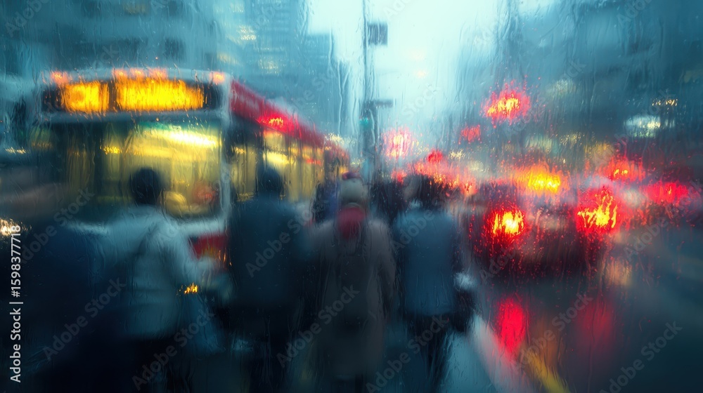 Fototapeta premium City street rain blur People walking by bus and cars in urban background