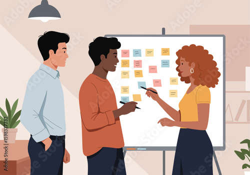 Business team brainstorming ideas on a whiteboard in an office.