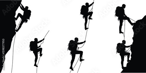 Vector art of a silhouette illustration of rock climbers ascending a cliff, isolated on white background