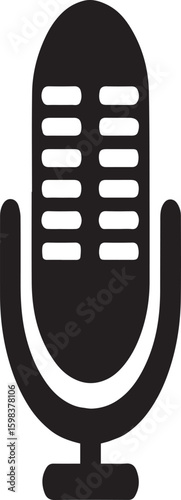 A minimalist black microphone icon with horizontal lines on a white background centered in the frame