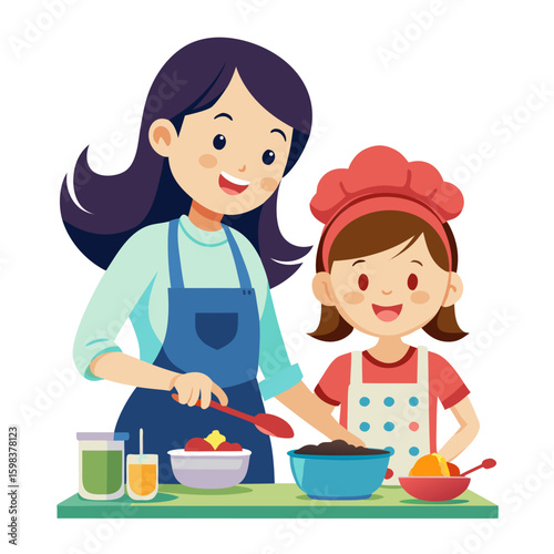 mother and daughter cooking