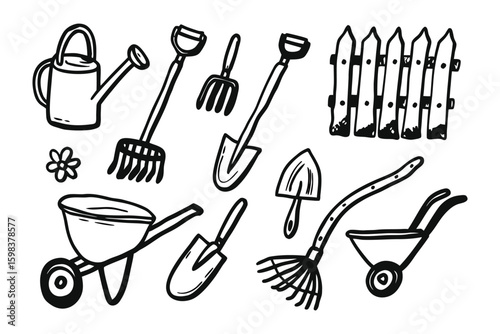 Garden Tools Illustration: A collection of hand-drawn garden tools, illustrating a whimsical approach to gardening and horticulture. 